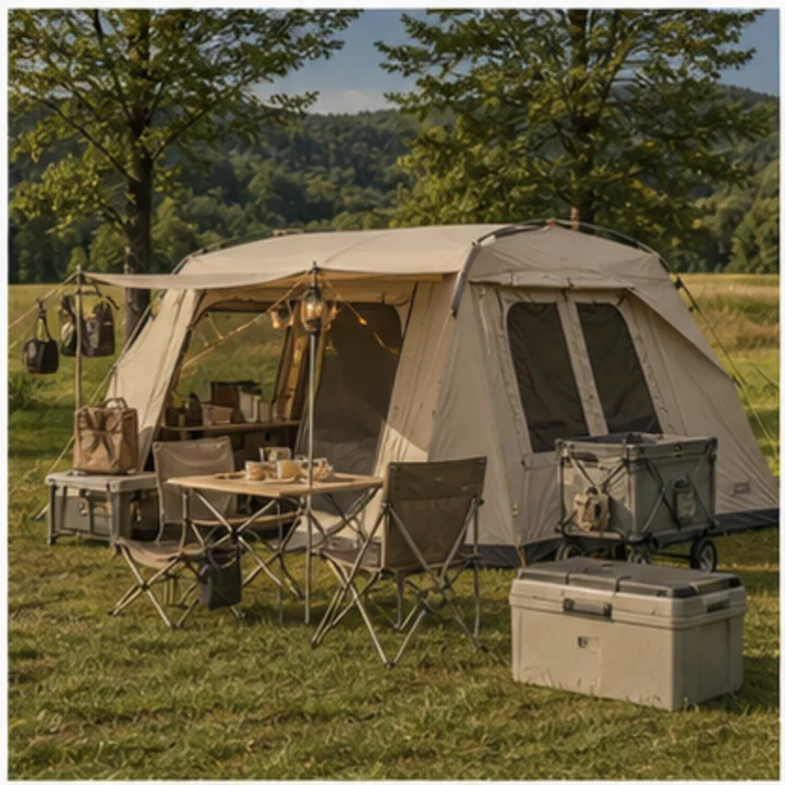 Camping-Setup mit großem Zelt, Tisch und praktischer Ausrüstung