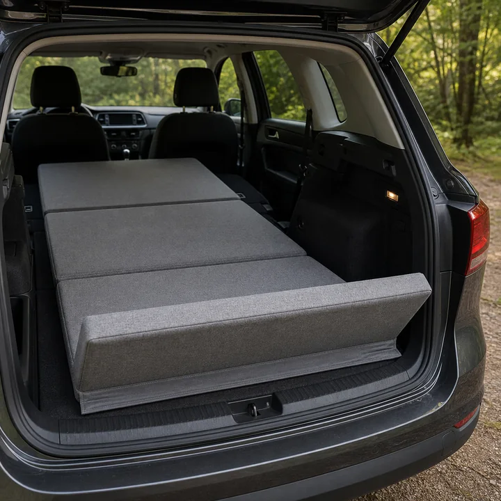 Faltbare Klappmatratze als Schlafunterlage beim Auto-Camping