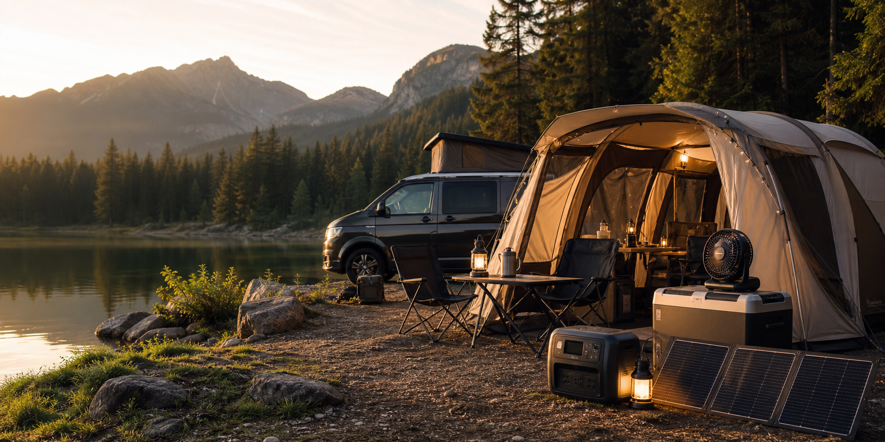 Campingplatz am See mit Luftzelt, Van, Powerstation, Solarpanel und Kühlbox