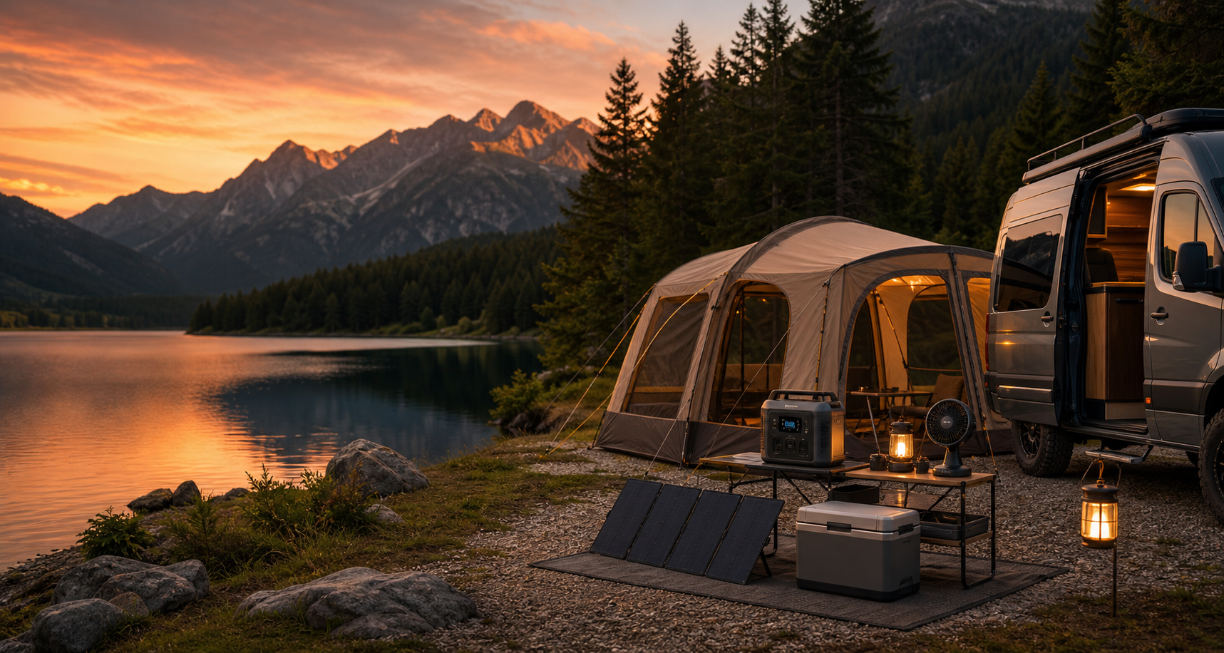 Campingplatz am See mit Luftzelt, Van, Powerstation, Solarpanel und Kühlbox